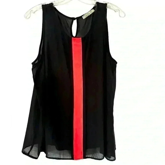 CHLOE K BLACK SILK TANK WITH NEON ORANGE STRIPE KEY HOLE WITH BUTTON CLOSURE - Picture 1 of 5